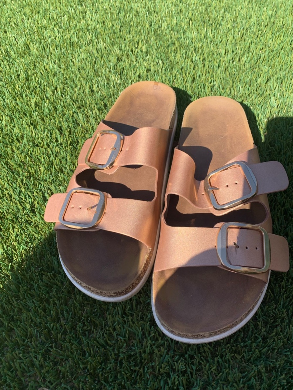 Madden Girl Bronze Brown Double Buckle Slide Sandals - Picture 3 of 3